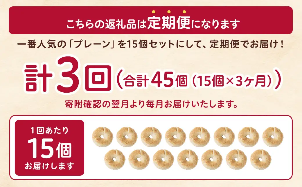 【 年3回定期便1ヶ月毎 】 毎日の朝食に！会津発 ・ 職人手作りのもっちりプレーンベーグル15個セット ベーグル 手作り パン ベーグル専門店 食品添加物不使用 冷凍ストック ストック
