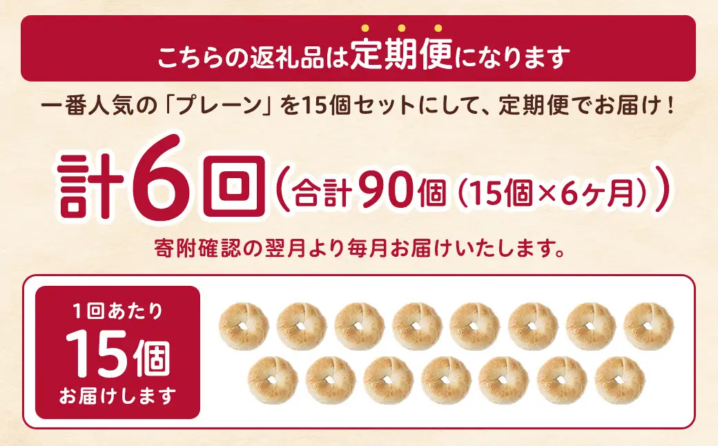 【 年6回定期便1ヶ月毎 】 毎日の朝食に！会津発 ・ 職人手作りのもっちりプレーンベーグル15個セット ベーグル 手作り パン ベーグル専門店 食品添加物不使用 冷凍ストック ストック