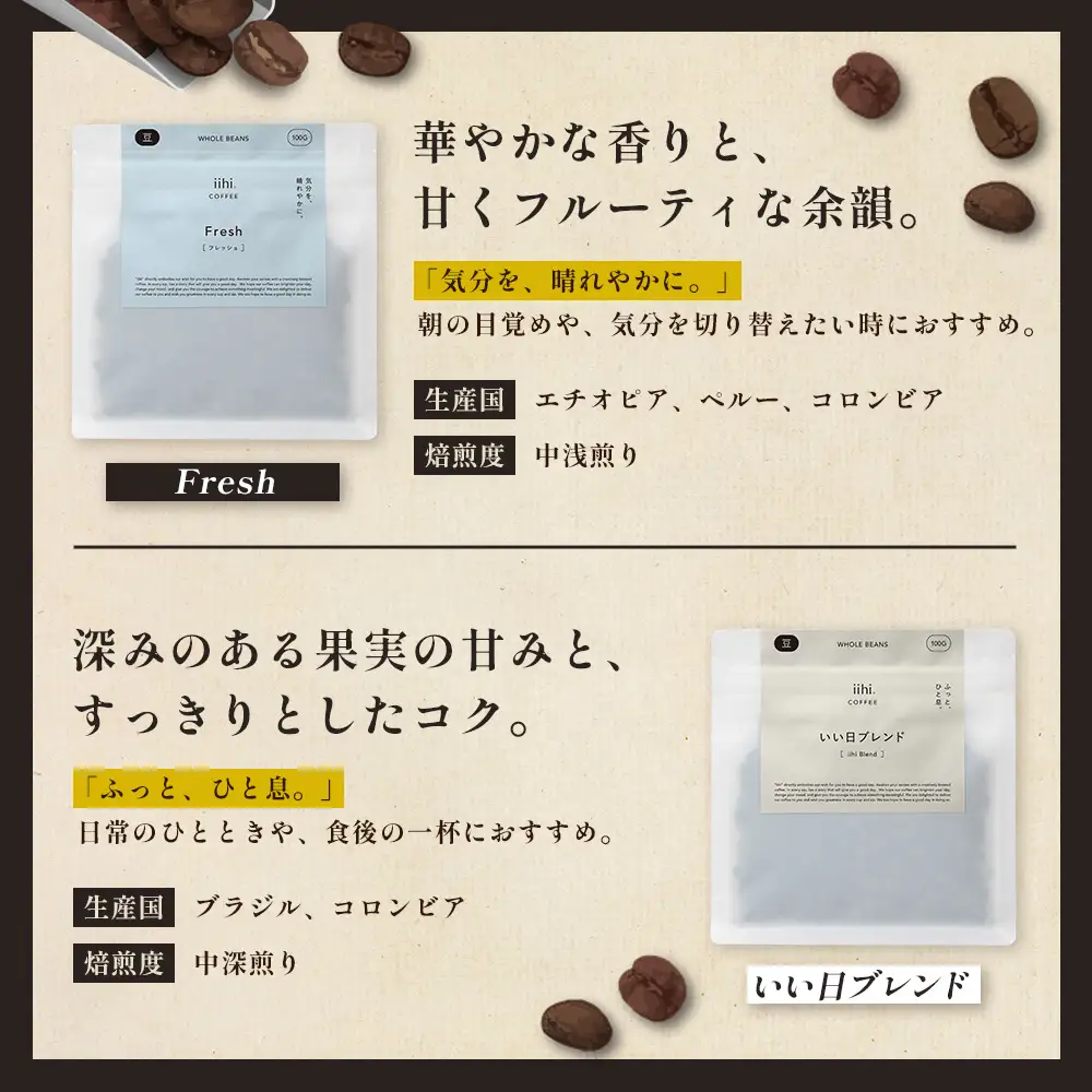 【ふるさとロースターが焙煎したてをお届け！】iihiコーヒー コーヒー豆 100g×5P セット 常温｜コーヒー 珈琲 コーヒー豆 ブレンドコーヒー 自家焙煎 詰め合わせ 飲み比べ 中深煎り 焙煎 ギフト プレゼント デカフェ ノンカフェイン NORM&HANCE株式会社 宮崎県 諸塚村 NH-05