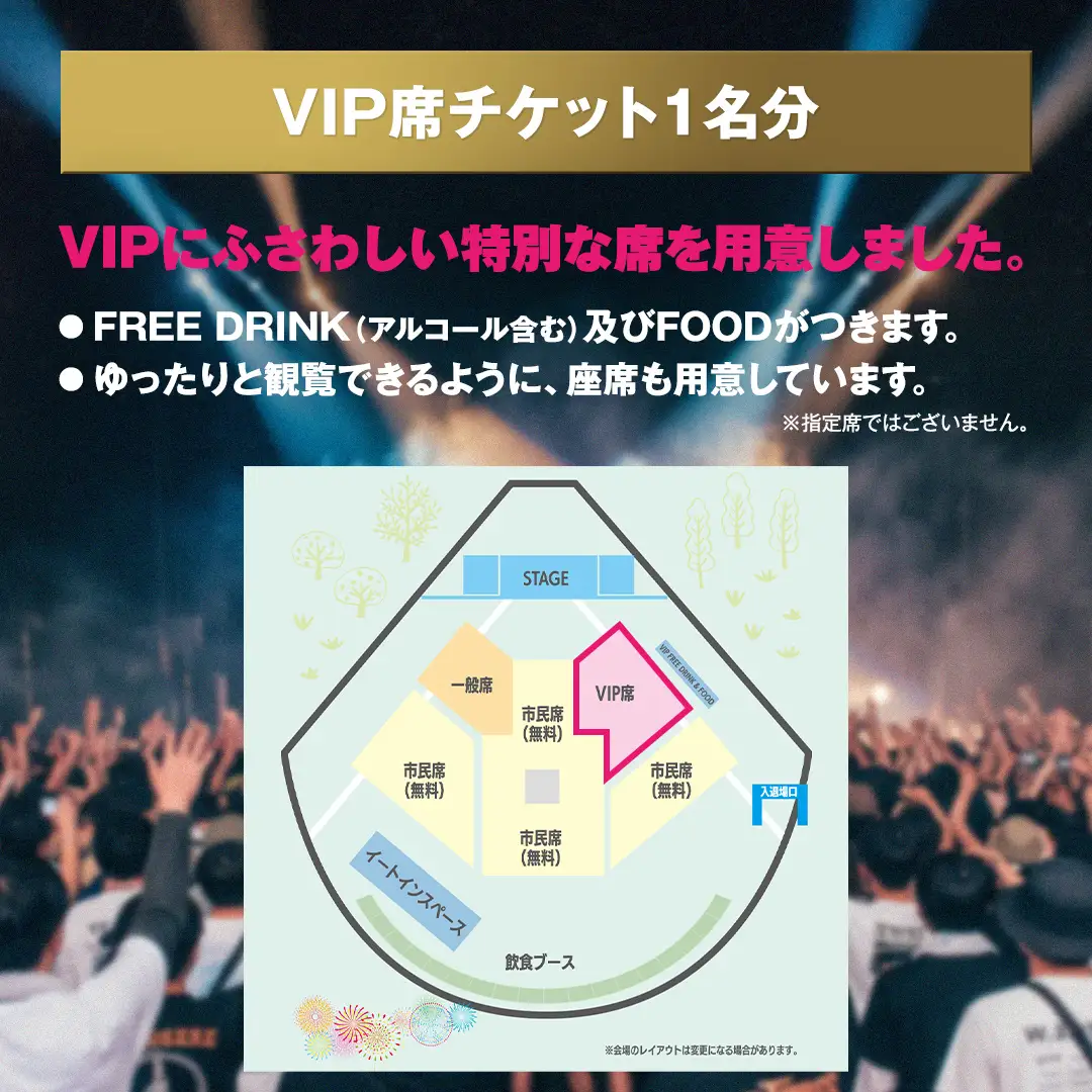 【VIP席チケット・数量限定】つくばみらい市市制施行20周年記念 MIRAI Music Fes 2026 1名 (駐車券付）フリードリンク（アルコール含む） FOOD付 入場チケット 音楽フェス 花火鑑賞