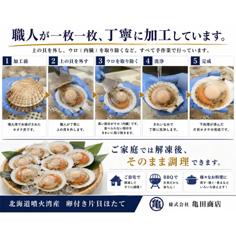 冷凍 卵付き片貝ホタテ 2kg【亀田商店】 ほたて ホタテ貝 帆立 貝柱 魚介 下処理済み バーベキュー BBQ おすすめ 青森県 平内町 F21J-397