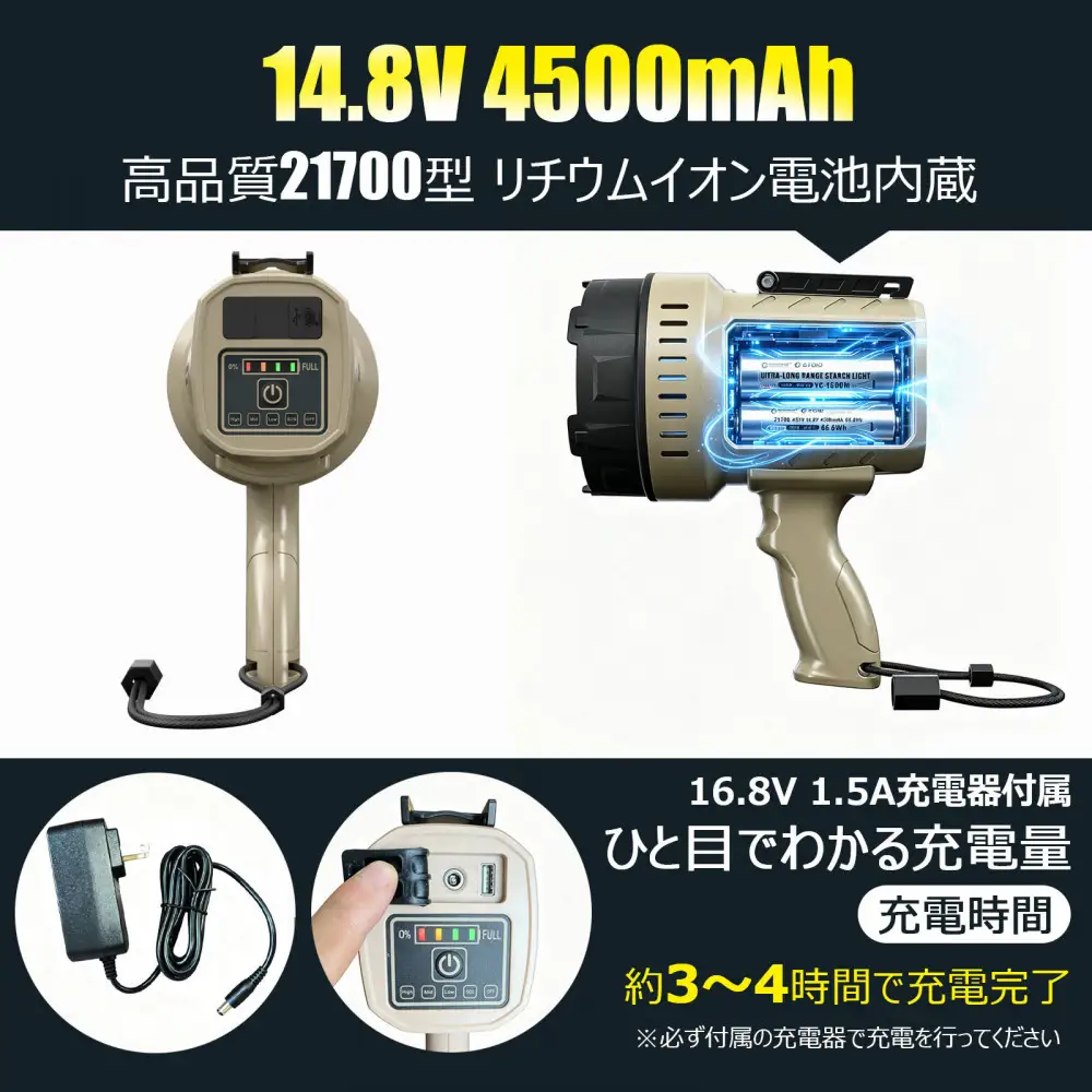 充電式LEDサーチライト 70W 狭角25° ハンドライト 長距離照射 YC-1500M