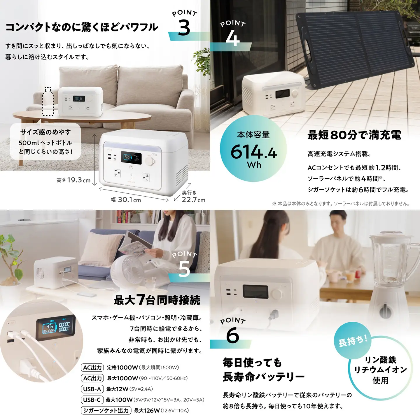 solarich 1000（ソラリッチ 1000）＋ソーラーパネル100W　家庭用ポータブル電源 定格1000W／容量614Wh　【12203-0505】≪GOOD DESIGN AWARD 2025受賞≫