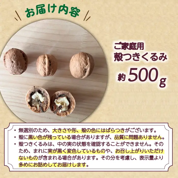 完熟！殻付きくるみ（ご家庭用、無選果）500g｜長野県 国産 東御市産 無油 無塩【TKG浅間ヘーゼルナッツ】