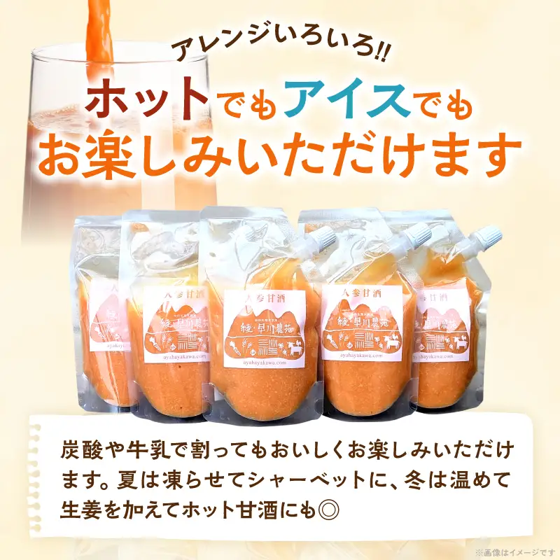人参甘酒 5個 セット にんじん あま酒 にんじん甘酒 砂糖不使用 ノンアルコール 甘酒シャーベット 炭酸割 牛乳割 ホット甘酒 パウチ 米麹 お米 濃厚でまろやか ギフト 贈り物 プレゼント 贈答 常温 パックタイプ おすすめ 宮崎県 綾町 送料無料_A0005-017