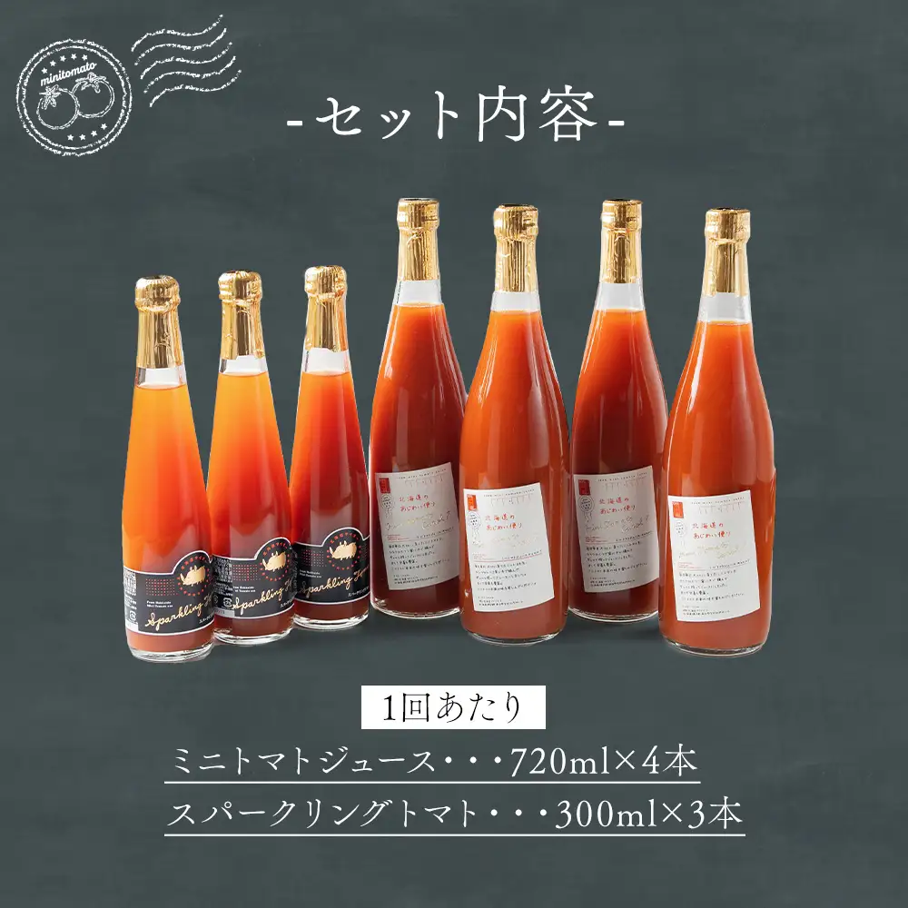 [ 定期1ヶ月毎2回 ] 北海道のあじわい便り トマトづくし 720ml × 4本 300ml × 3本 計7本 × 2回 合計14本 ミニトマトジュース スパークリングトマト トマトジュース トマトサイダー ジュース サイダー トマト ミニトマト 飲料 炭酸飲料 詰め合わせ 飲み比べ 定期便 定期配送