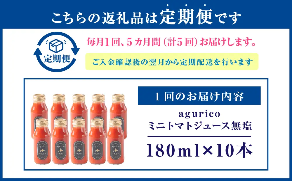 [ 定期1ヶ月毎5回 ] 北海道産 agurico ミニトマトジュース無塩 180ml 10本入り トマトジュース ジュース ミニトマト トマト 野菜 飲料 トマトスープ パスタソース アレンジ 万能 国産 野菜ジュース 飲みきりサイズ 定期便 定期配送