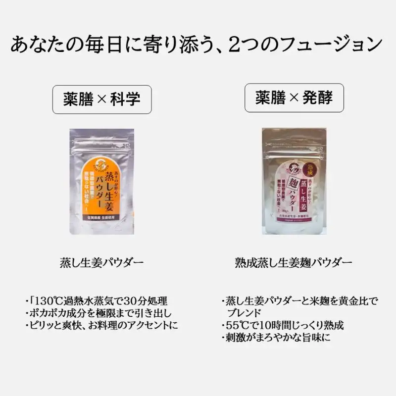 【農家一貫製造】フュージョン薬膳蒸し生姜パウダー20ｇ＆熟成蒸し生姜麹パウダー20ｇセット：B120-080