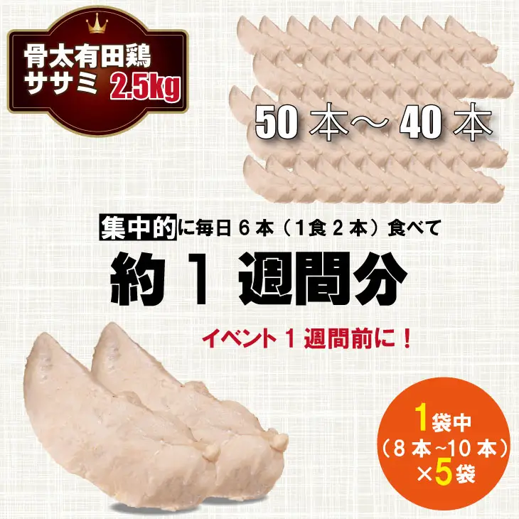 筋トレに最適！骨太有明鶏ササミ 合計50～40本【１袋8～10本（500g）×5袋】 JAよりみち B120-052