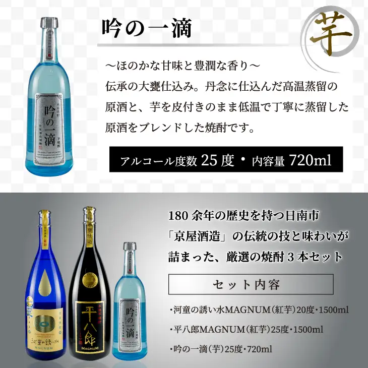希少 京屋酒造 飲み比べ 本格 芋焼酎 セット 合計3.7L以上 お酒 アルコール 飲料 飲み物 国産 呑み比べ 晩酌 家呑み 宅呑み バラエティ ブレンド ご褒美 お祝い 記念日 おもてなし パーティー お取り寄せ おすそ分け おすすめ 地酒 宮崎県 日南市 送料無料_F38-20