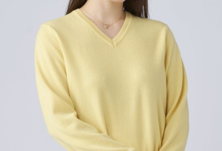 日本製 カシミヤ100% レディース Vネック イエロー Lサイズ [2563]