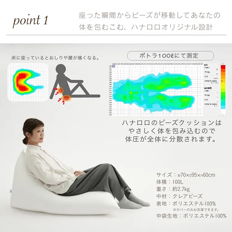 クッション ビーズクッション ハナロロ プレミアムポトラ 100L ニットカバー付 チャコールグレー 1個