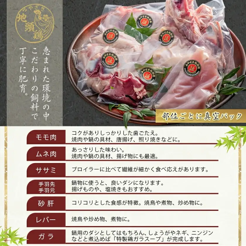 みやざき地頭鶏1羽セット〔E6-001〕_(都城市) 宮崎ブランド 宮崎の地鶏 みやざき地頭鶏 (じとっこ) 鶏肉セット モモ肉 胸身 ササミ 手羽先 手羽元 砂肝 レバーガラ 真空パック チルド 鶏一羽分