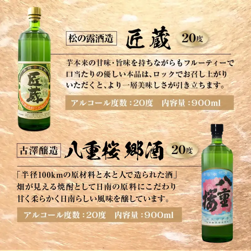 宮崎限定 4種類 焼酎 飲み比べ セット 900ml 6本 お酒 アルコール 飲料 芋焼酎 平蔵 白 黒 八重桜 郷酒 匠の蔵 呑み比べ 地酒 櫻乃峰酒造 古澤醸造 松の露酒造 晩酌 家飲み ご褒美 お祝い 記念日 おもてなし お取り寄せ グルメ 宮崎県 日南市 送料無料_CA31-23