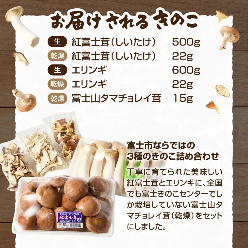 きのこ 富士山タマチョレイ茸 紅富士茸（椎茸） エリンギ 「美味しいきのこセット」 生きのこ 乾燥きのこ 3種 1kg以上 セット 詰め合わせ 薬品類無使用 柔らか 滑らか 旨み 国産 富士市産 富士きのこセンター 静岡県 富士市 [sf002-006]