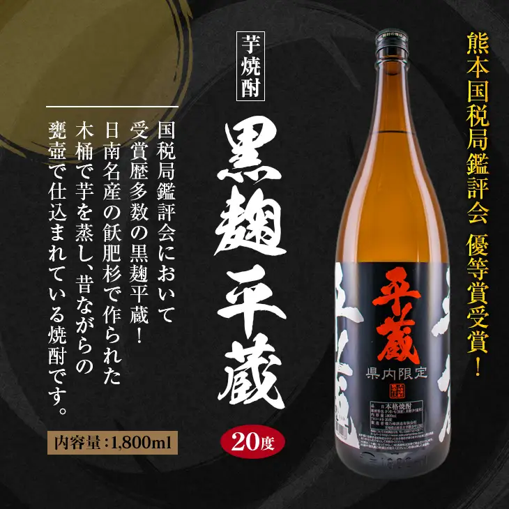受賞歴多数 宮崎限定 焼酎 平蔵 白 黒 人気 2本 セット オリジナル 20度 お酒 アルコール 飲料 飲み物 国産 櫻乃峰酒造 おすすめ 芋焼酎 晩酌 宅呑み 家飲み 呑み比べ 飲み比べ お取り寄せ グルメ 詰め合わせ お祝い 記念日 地酒 甕壺仕込み 日南市 送料無料_C155-25