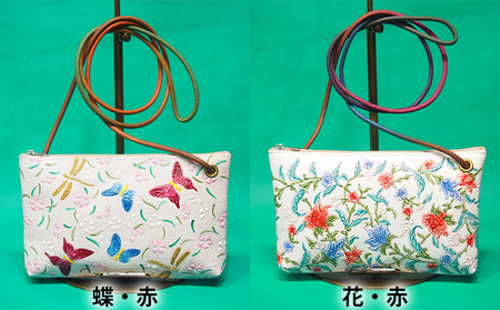 ポシェット 姫路革 牛革 手描き 民芸品 ポシェット 波グリーン