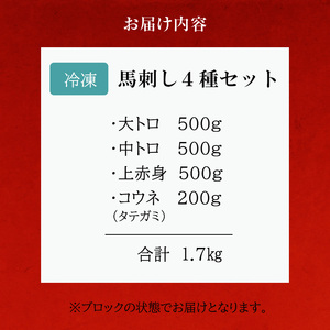 馬刺しセット 熊本 大トロ 中トロ 上赤身 コウネ 4種 馬刺しセット【1700g】【冷凍】
