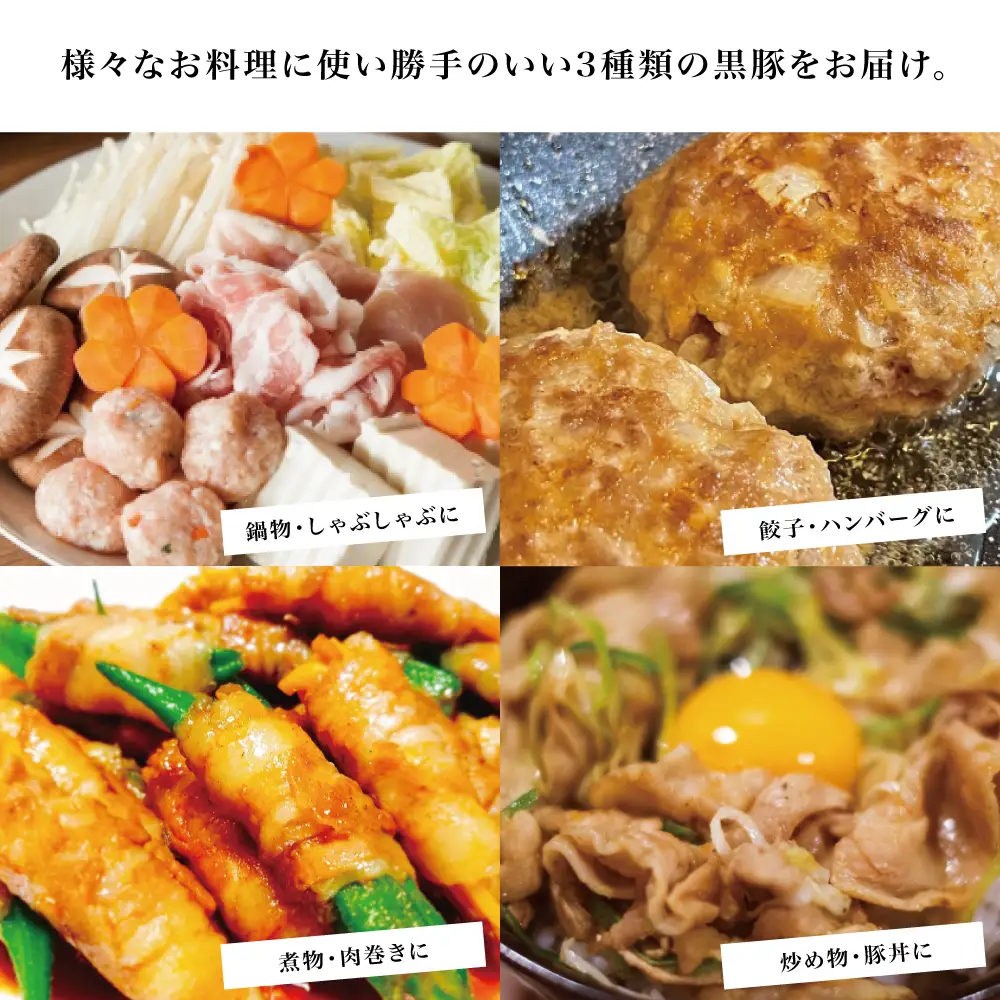 【鹿児島県産】厳選黒豚 便利な3種1.5kg（ロース、モモ、ミンチ） 国産 豚肉 お肉 ハンバーグ カレー しゃぶしゃぶ 小分けパック 詰め合わせ セット 冷凍 コワダヤ