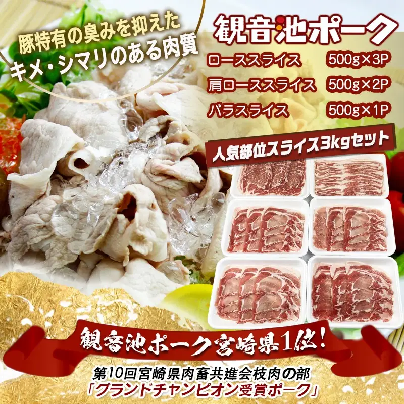 「観音池ポーク」人気部位スライス3kgセット〔18-1506〕_(都城市) 豚肉 ローススライス 肩ローススライス バラスライス 豚肉3キロセット 冷凍 宮崎ブランドポーク認定