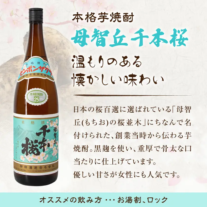 【柳田酒造】山田錦千本桜・母智丘 千本桜(25度)1.8L×2本 ≪みやこんじょ特急便≫〔AC-0751_99〕_(都城市) 本格芋焼酎 熟成 お湯割/ロック/ソーダ割 伝統製法/老舗 家飲み/宅飲み 定番焼酎