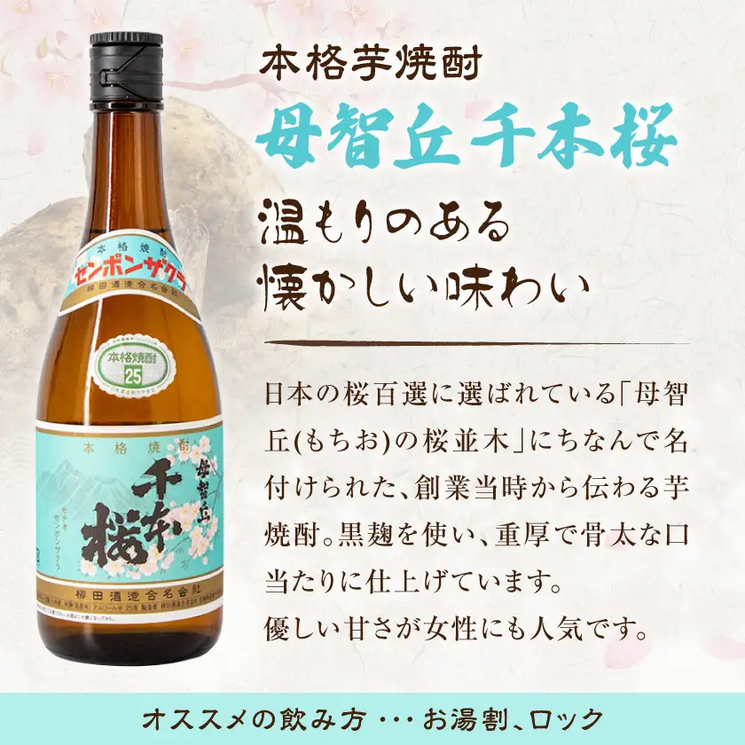 【柳田酒造】山田錦千本桜・母智丘千本桜(25度)720ml×2本 ≪みやこんじょ特急便≫〔AA-0751_99〕_(都城市) 本格芋焼酎 べにはるか 熟成 お湯割/ロック/ソーダ割 伝統製法/老舗 家飲み/宅飲み 定番焼酎