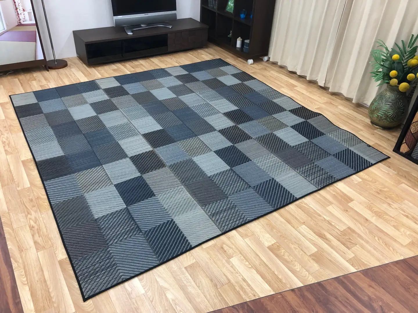 福岡 花ござ DXカラフルブロック 191×191cm（ブルー/グレイ/グリーン） カーペット ラグ