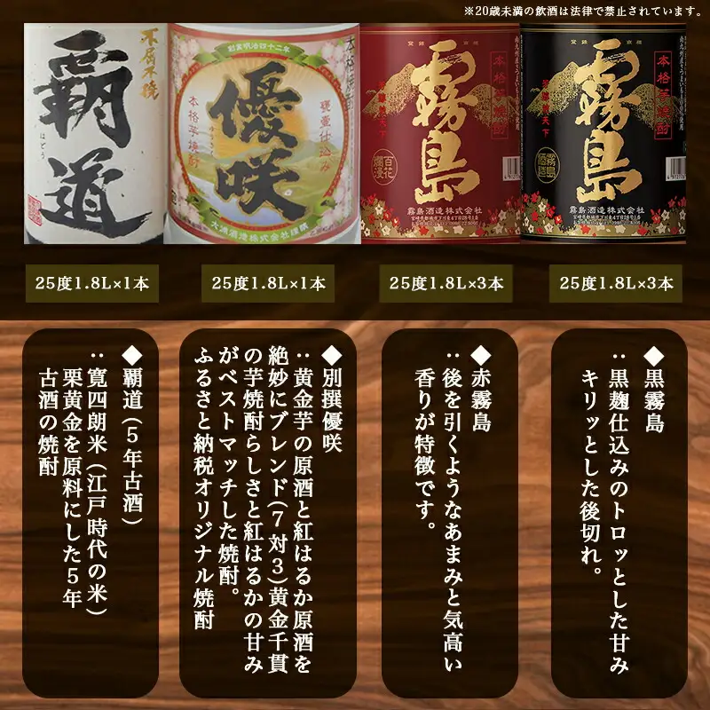 大浦酒造と霧島酒造コラボ(25度)1.8L×8本セット≪みやこんじょ特急便≫〔AN-18-008-Q〕_(都城市) 覇道 別撰優咲 黒霧島 赤霧島 1.8L 8本 霧島酒造 大浦酒造