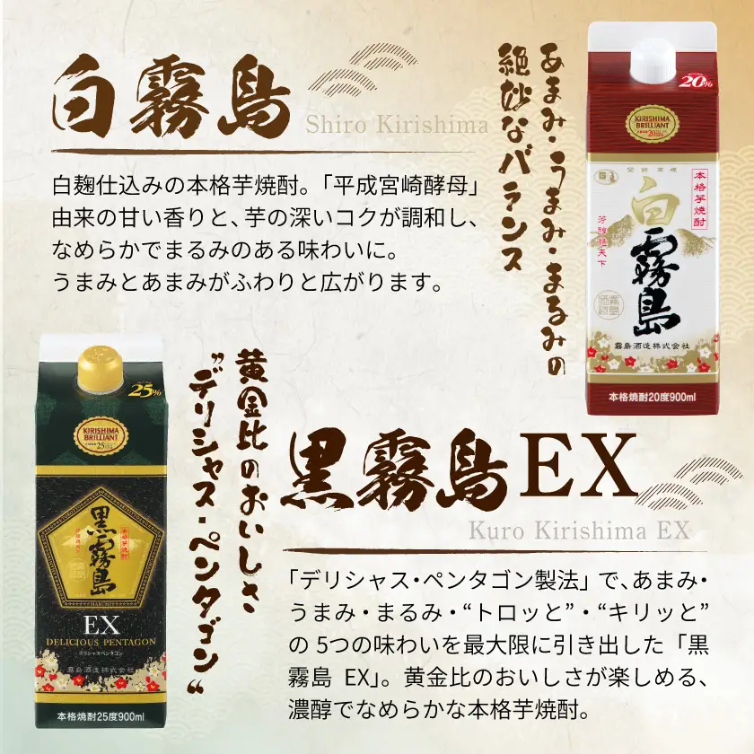霧島「黒・赤・白・黒EX」パック900ml×8本セット≪みやこんじょ特急便≫〔23-22-008-Q〕_(都城市) 芋焼酎 霧島酒造 黒霧島EX 赤霧島 25度 黒霧島 白霧島 20度 各900ml×2本 計8本 5合パック 人気の定番焼酎 焼酎 酒 セット