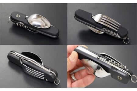 H12-52 国産スプーン・フォーク付 7徳 引割ナイフ【ブラック】（KT-513） ～サバイバル ナイフ 穴開け 栓抜き 缶切り コルク抜き アウトドア マルチツール キャンプ バーベキュー BBQ アウトドア 防災用品にも～
