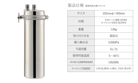 【77062】浄水器 【業務用】 カートリッジ 2年交換不要 浄水器 本体 アクシオ PFAS PFOS PFOA 除去 有機 フッ素 化合物 カートリッジ 交換不要 活性炭 塩素 塩素除去 浄水 店舗用 飲食店 ビルトイン アンダーシンク ステンレス 業務用 ふるさと納税 ギフト プレゼント 岐阜県 メーカー直送 ドリームバンク
