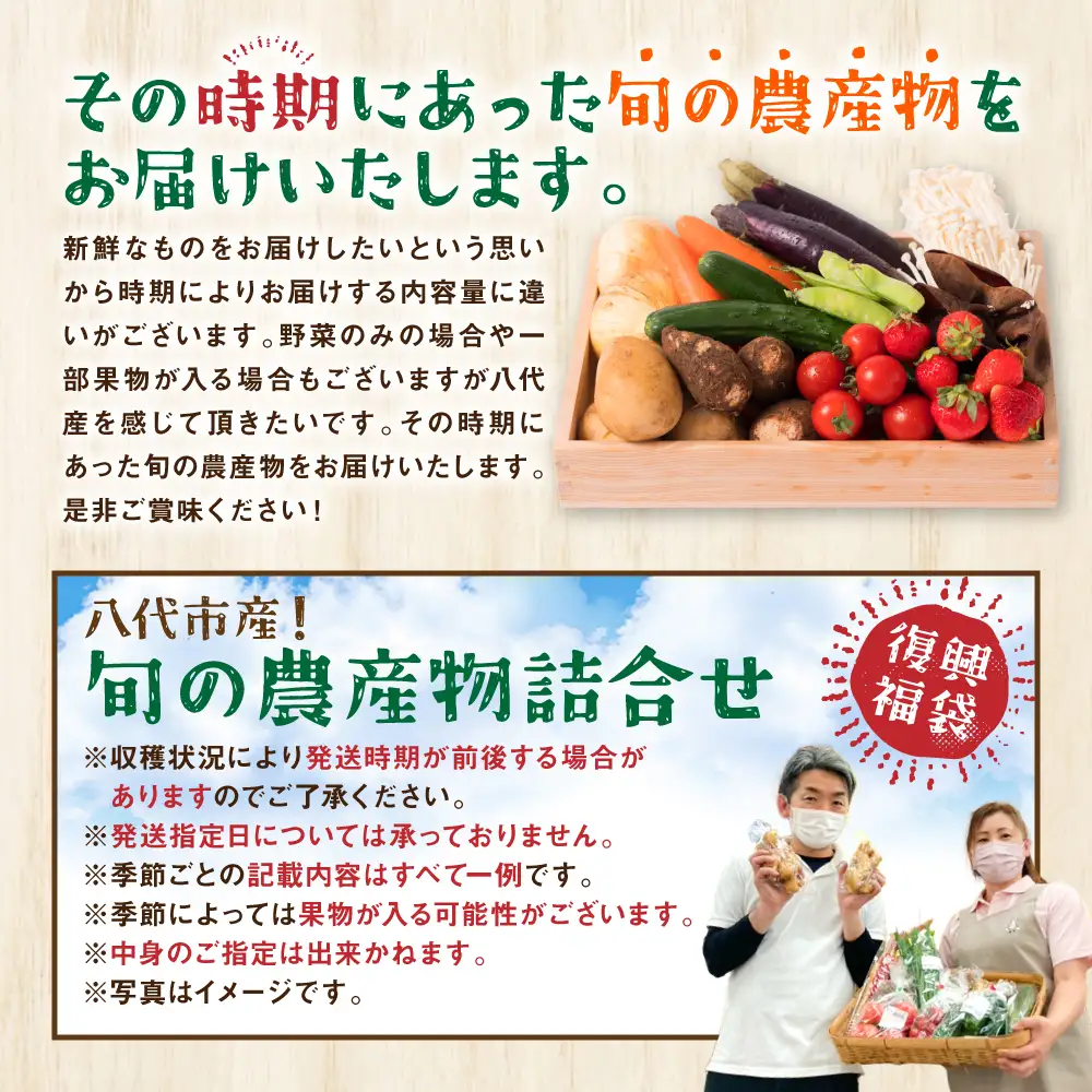 【定期便3回】【毎月お届け】八代市産！旬の農産物詰合せ 復興 福袋 7品以上 毎月 野菜 果物 熊本県 八代市