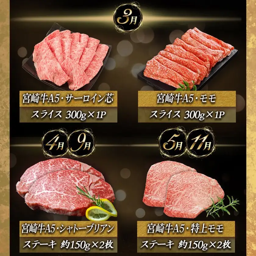 特選(A5)宮崎牛の宝箱 (12ヶ月定期便)〔TAH12-0101〕_(都城市) 宮崎牛 5等級 12ヶ月定期便 サーロイン芯スライス モモスライス シャトーブリアンステーキ 特上モモステーキ ロース焼肉用 ヒレステーキ