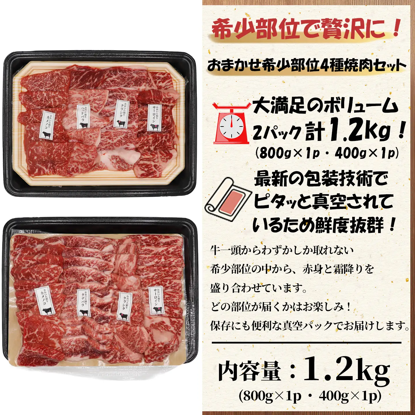 おおいた和牛 焼肉用 黒毛和牛 希少部位 4種セット ／ おおいた和牛希少部位4種焼肉食べ比べセット1.2kg（800g・400g各1箱） ＜102-403＞