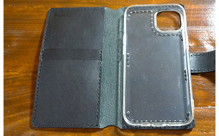 本革製手帳型iPhoneカバー iPhone13用 ＜ブラック＞ 国産牛ヌメ革 ハンドメイド スマホ 手帳型 カバー iPhone iPhone13 本革 レザー 革製品 黒 ブラック F6L-336