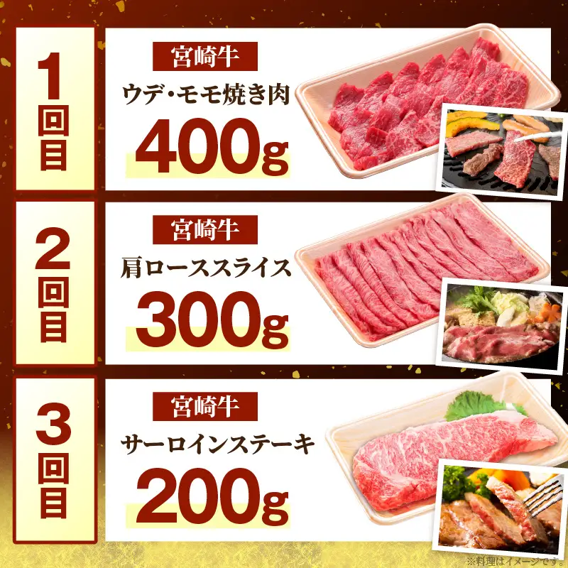 3か月定期便 宮崎牛お試しセット お肉 肉 牛肉 宮崎牛 ウデ モモ 焼肉 肩ロース スライス サーロイン ステーキ 定期便 お試し セット 冷凍