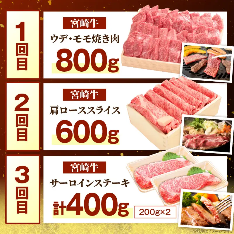 3か月定期便 宮崎牛お楽しみセット お肉 肉 牛肉 宮崎牛 ウデ モモ 焼肉 肩ロース スライス サーロイン ステーキ 定期便 セット 冷凍