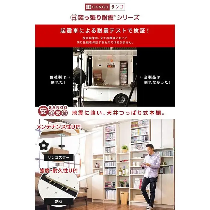 突っ張り耐震本棚 扉付き 幅60cm 奥行26cm ウォールナット aku100450706