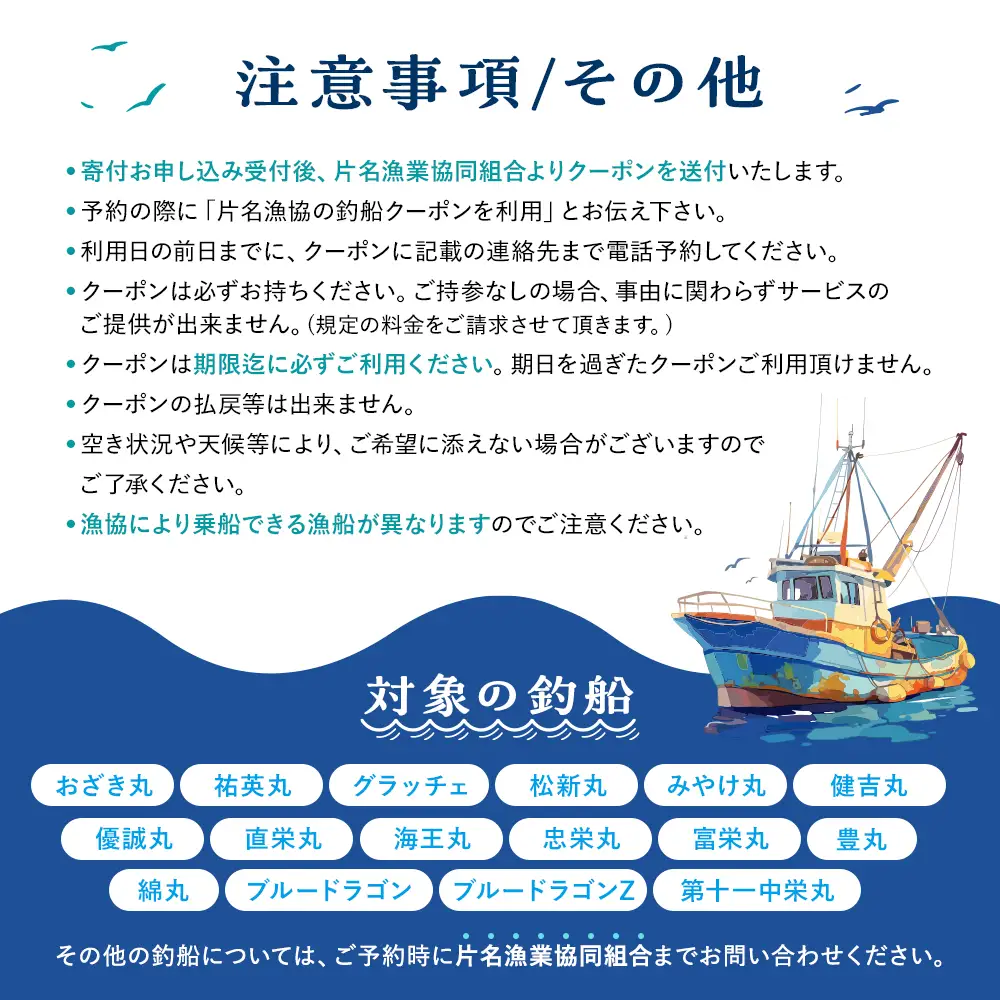 【釣り船】 片名漁協 釣り船 割引クーポン9,000円分