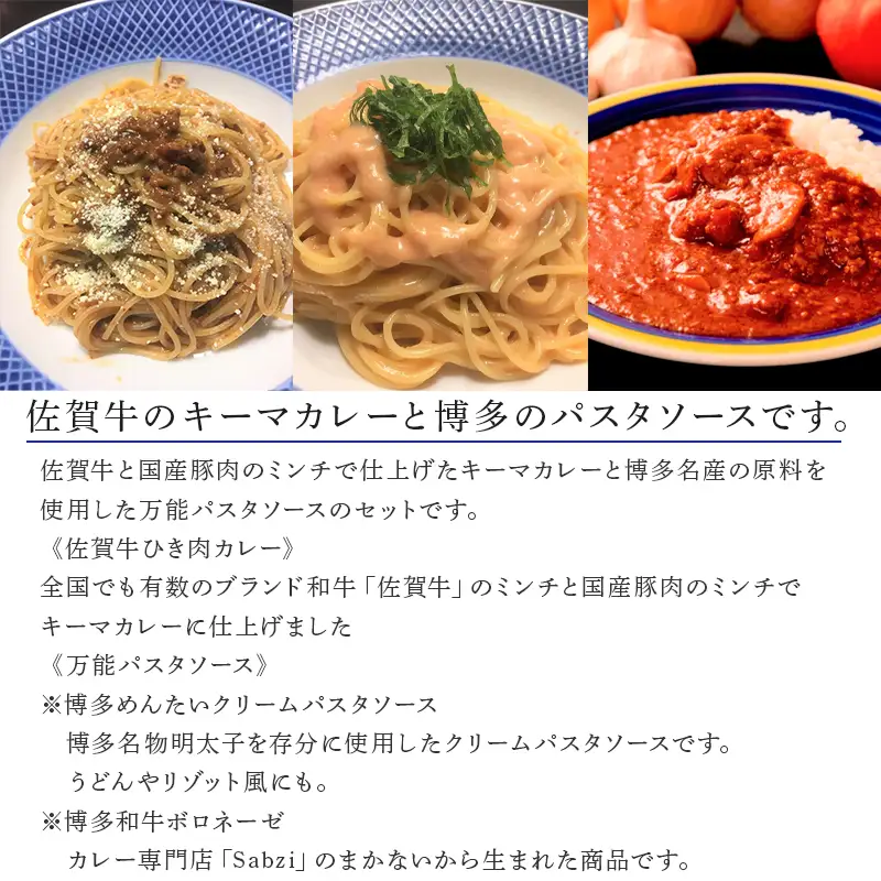 佐賀牛ひき肉カレー(180g×3食)と万能パスタソース(博多めんたいクリームパスタソース120g×3袋・博多和牛ボロネーゼ120g×3袋)セット