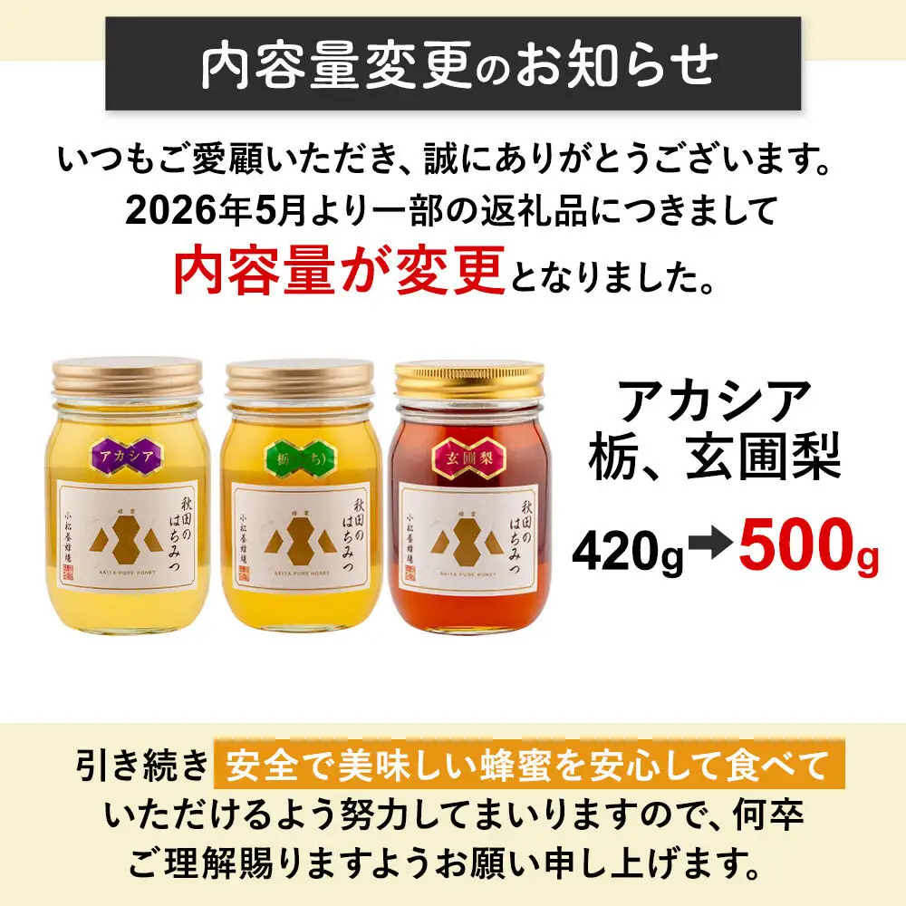 【令和8年度産】小松養蜂場 はちみつ 秋田県産 100％ 秋田のはちみつ3本セット 合計1.5kg （アカシア、栃、 玄圃梨 各500g) 空ピッチャー付