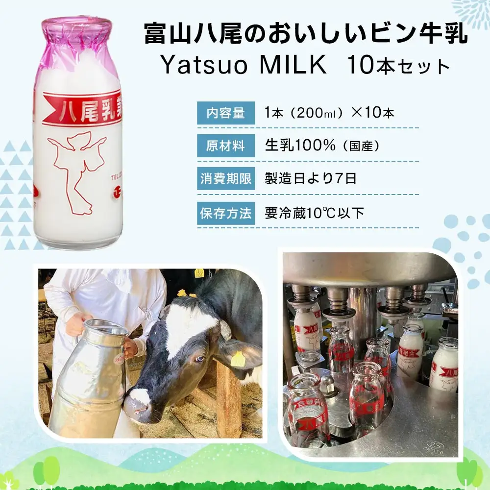 Yatsuo MILK (牛乳)10本セット　富山八尾のおいしいビン牛乳
