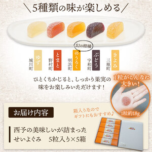 ＜果汁たっぷり！西予の美味しいが詰まったせいよぐみ 25粒（5種類各1粒×5箱）＞ お菓子 デザート スイーツ グミ 洋菓子 おやつ 特産品 ゆず トマト のうろく ブドウ きよみ スイーツ工房絹 愛媛県 西予市【常温】『1か月以内に順次出荷予定』NSK0003