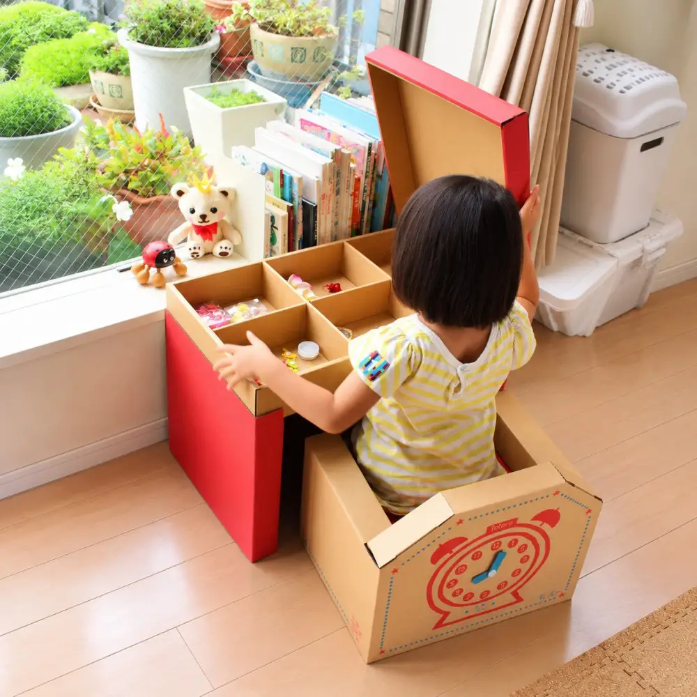 成長に合わせて使える段ボール家具　ジュニアデスクチェア&おうち型収納ボックス◇【赤色セット】｜家具