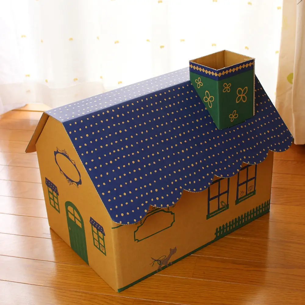 成長に合わせて使える段ボール家具　ジュニアデスクチェア&おうち型収納ボックス◇【青色セット】｜家具