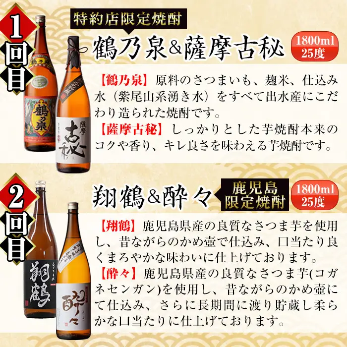 i669 ＜定期便・計6回(連続)＞出水市3蔵のこだわり芋焼酎セット(全12種・合計12本) 酒 焼酎 さつま芋 本格芋焼酎 セット 飲み比べ 呑みくらべ 定期便 特約店 限定品 家飲み 宅飲み【酒舗三浦屋】
