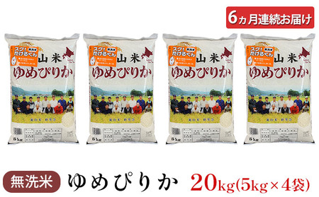 6ヵ月定期便 北海道産ゆめぴりか 20kg 無洗米 ゆめぴりか