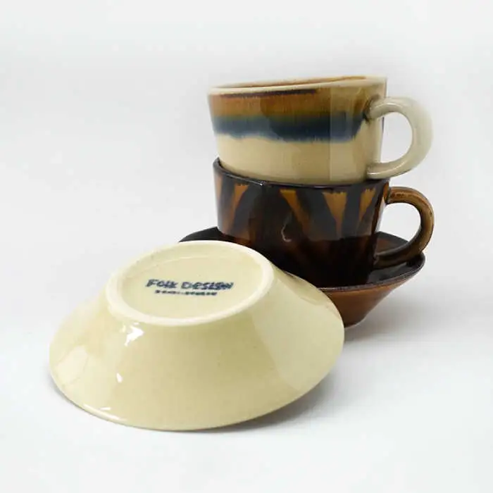 【波佐見焼】Folk Design 二色巻・矢羽根飴釉 コーヒー碗皿 カップ・ソーサー ペアセット 食器 皿 【玉有】 [IE20] 波佐見焼