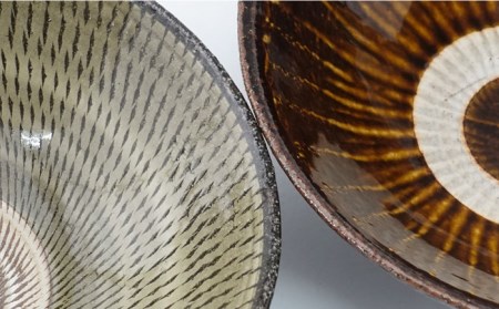 【波佐見焼】Folk Design 黄釉飛びカンナ＆飴釉打ち刷毛 目剥平鉢 ボウル 16cm ペアセット 食器 皿 【玉有】 [IE25] 波佐見焼