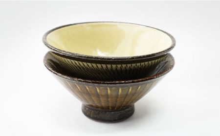 【波佐見焼】Folk Design 黄釉飛びカンナ＆飴釉打ち刷毛 茶碗 ペアセット 食器 皿 【玉有】 [IE30] 波佐見焼